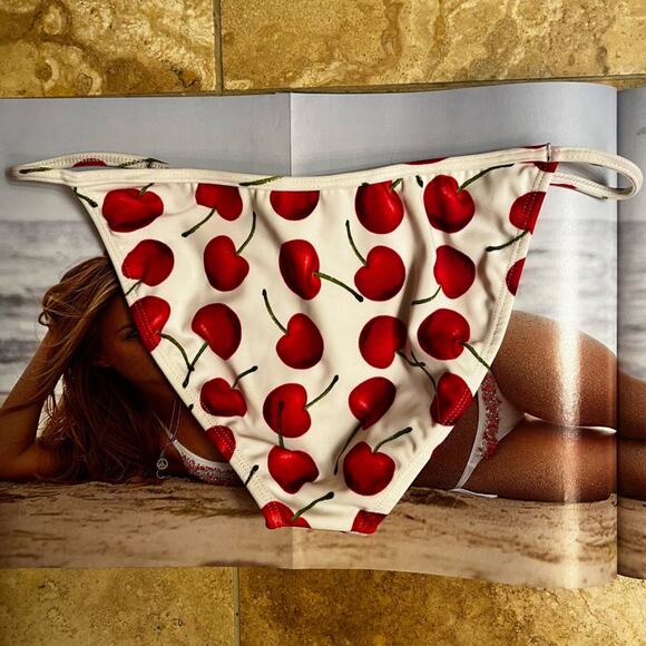 OndadeMar Swim Red Cherries High Thigh String Bikini Swim Bottoms Size 6 - Picture 2 of 9